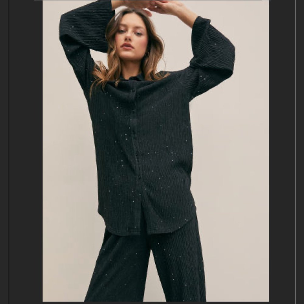 Glitter Collar Button Down Crinkle Blouse Pants S… - image 5